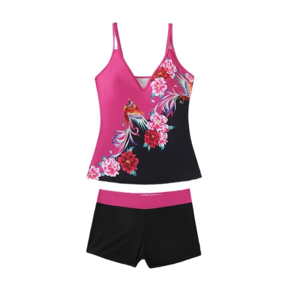 Plus size women's swimsuit with matching briefs in black or rose red print styles