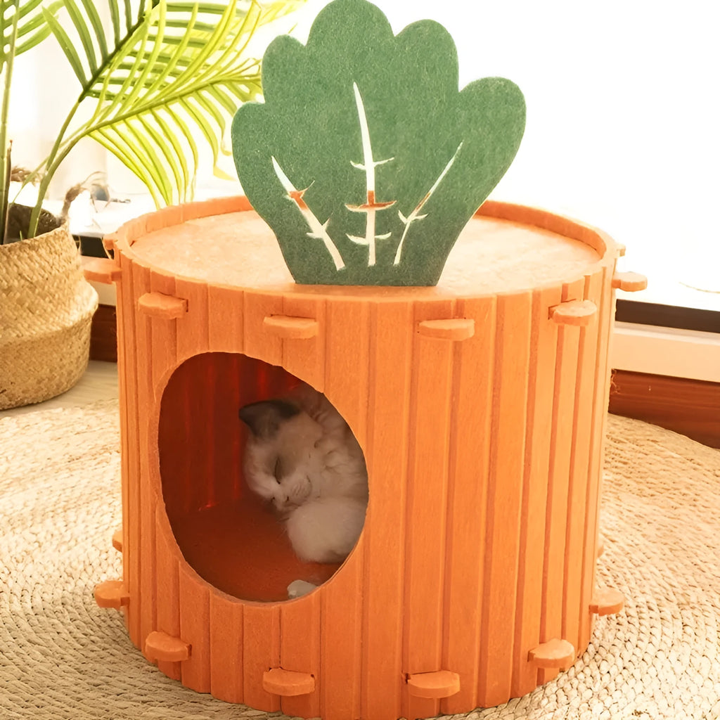 Orange felt carrot-shaped cat nest tunnel with a circular entrance hole, shown in two size options.