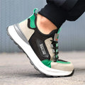 Black green safety shoes with mesh upper and plastic steel toe cap on TPU sole