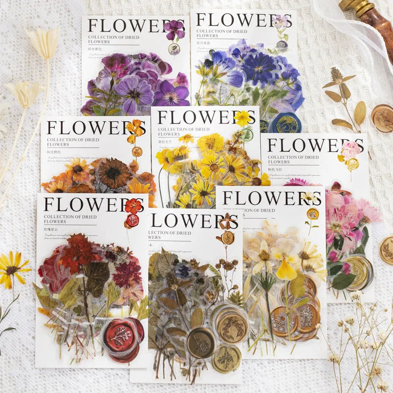 Dried flowers journal decoration stickers in eight colour themes including Dark Night Purple and rose nebula