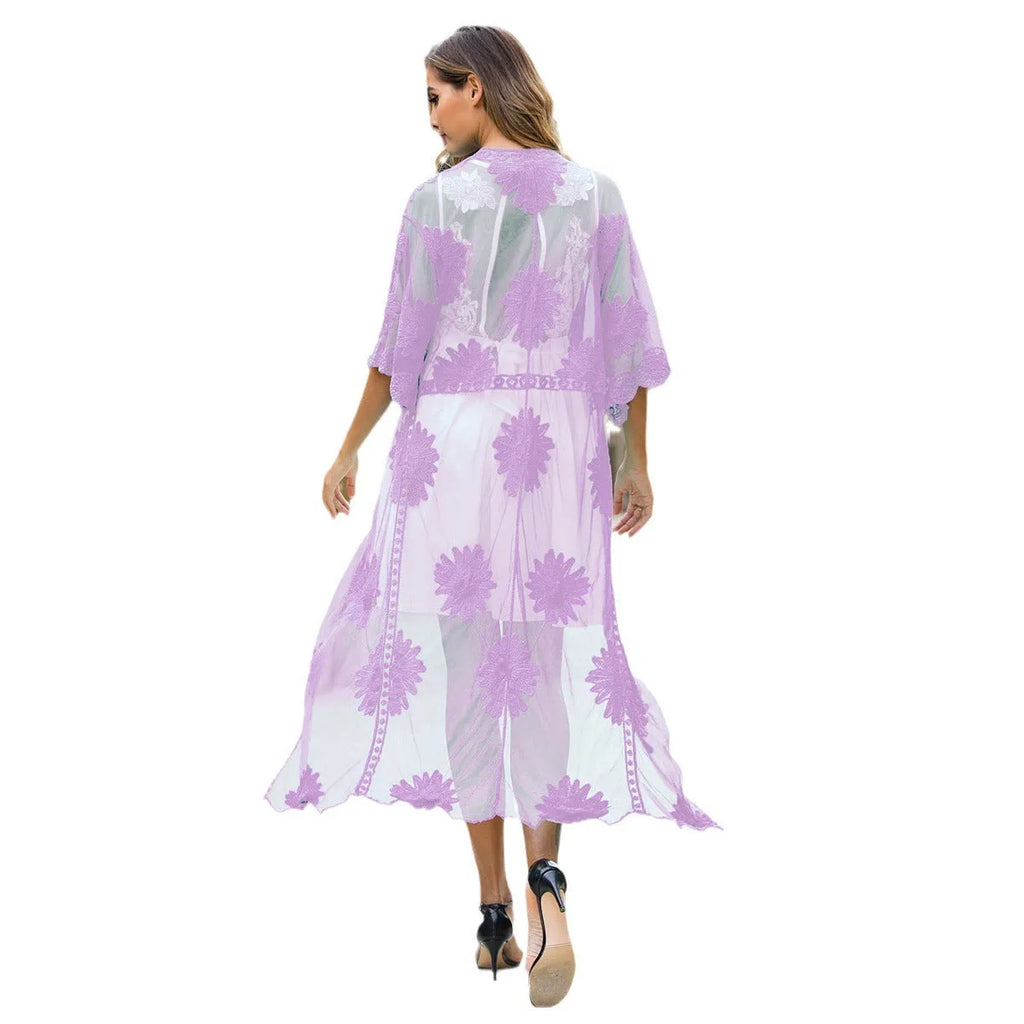 Light purple women's beach cover-up dress with lace embroidery detailing