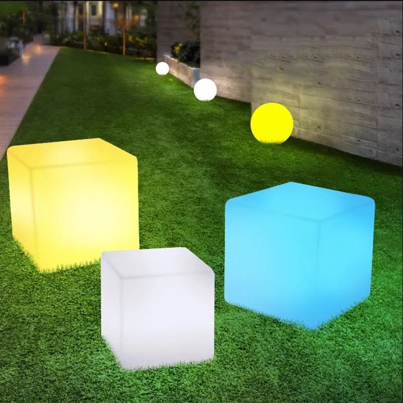 Square LED cube light stool in modern minimalist style with waterproof outdoor rating