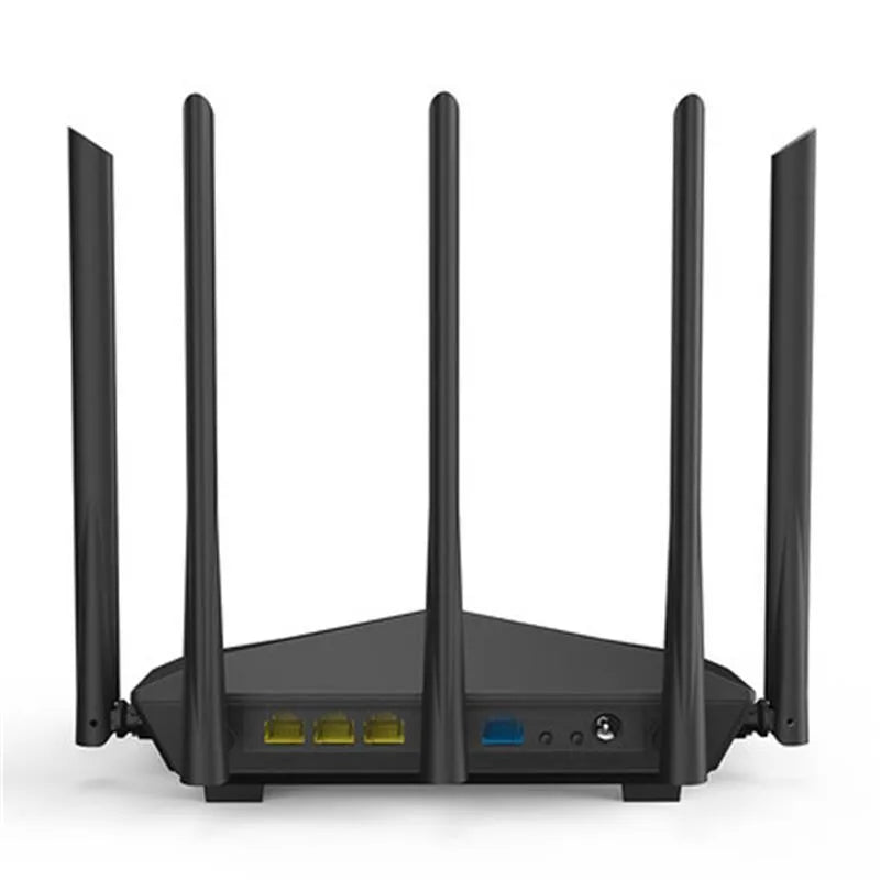 Black AC11 Gigabit wireless router showing four network ports and compact design