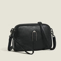 Genuine leather women's square shoulder bag in black, shown with dimensions 19cm by 13cm by 6cm.