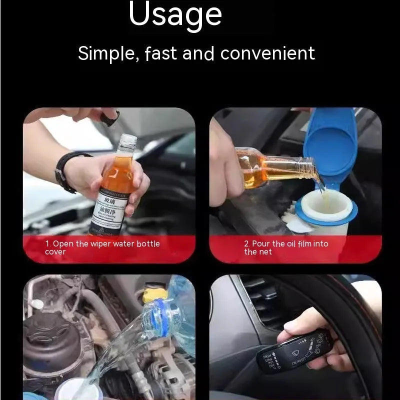 150ml bottle of car glass oil film remover cleaner with choice of blue or yellow packaging label.