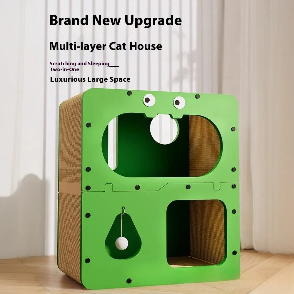 Double layer cat nest with wear-resistant scratching board in owl and cat head styles