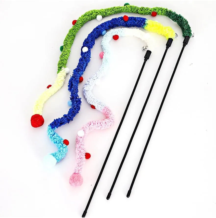 Cat wand toy with colourful fluffy ball and bell on 60cm plush strip attached to 41cm pole