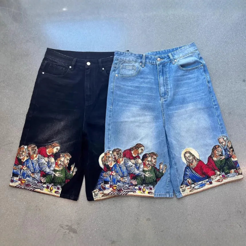 Men's blue cotton tapered shorts with Jesus printed design on back pocket