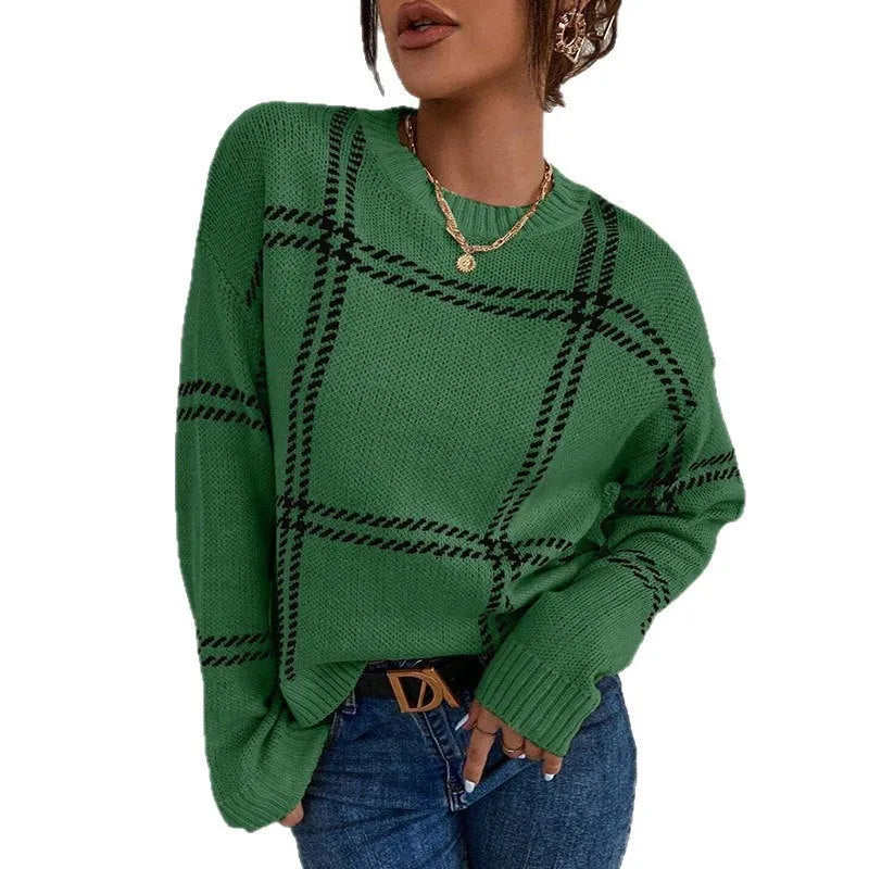 Women's casual plaid colour-block acrylic sweater with loose fit and crew neck