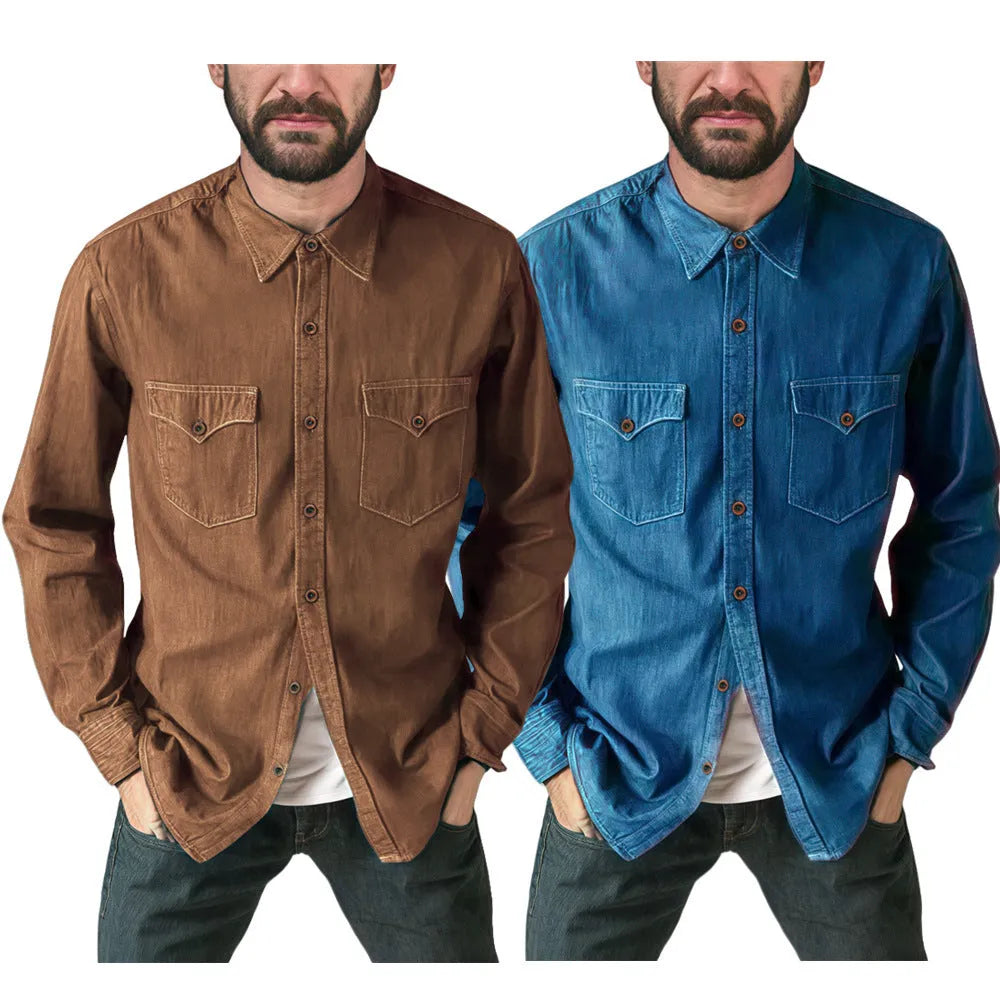 Denim cardigan coat in regular fit shown in khaki, black, blue, and grey colour options.