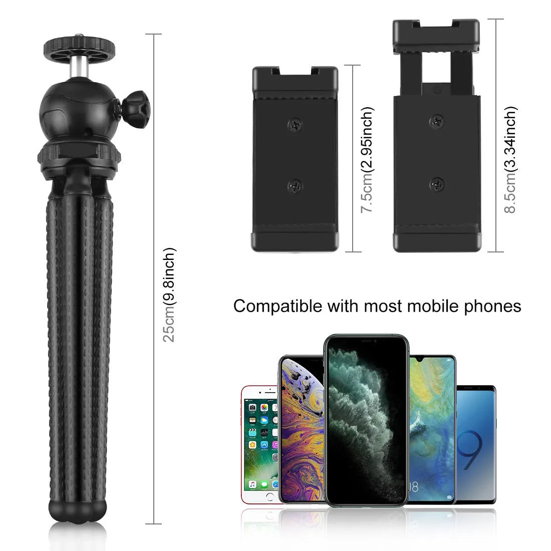 Black Octopus Yripod live broadcast kit with flexible legs, fill light, and microphone for Apple-compatible devices.