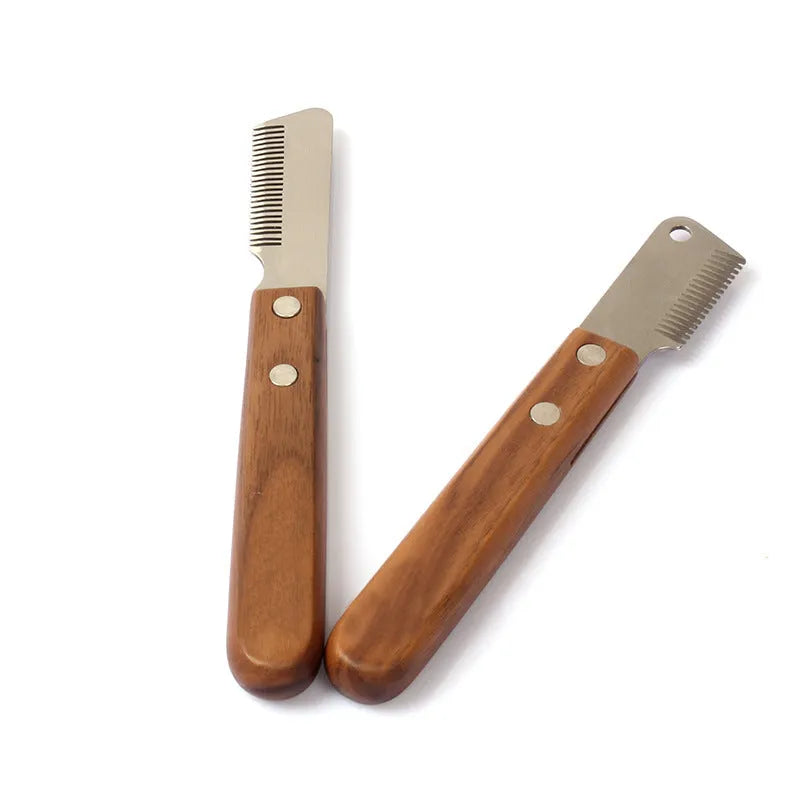 Walnut wood pet plucking knife comb with stainless steel cutter head for terrier grooming, left or right hand