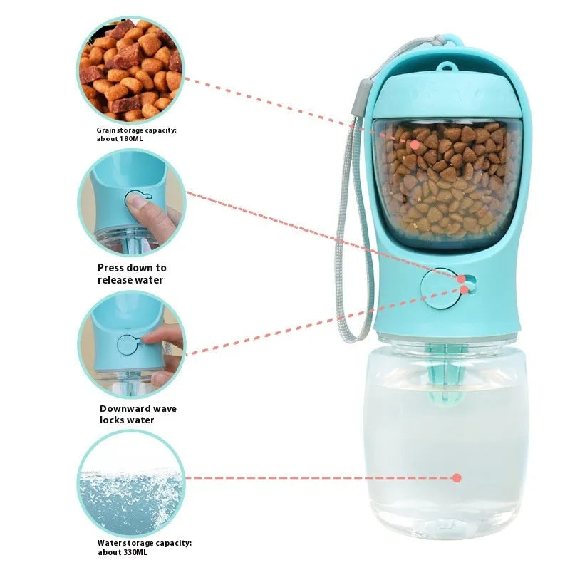 Blue portable plastic dog water bottle with attached drinking cup for walks