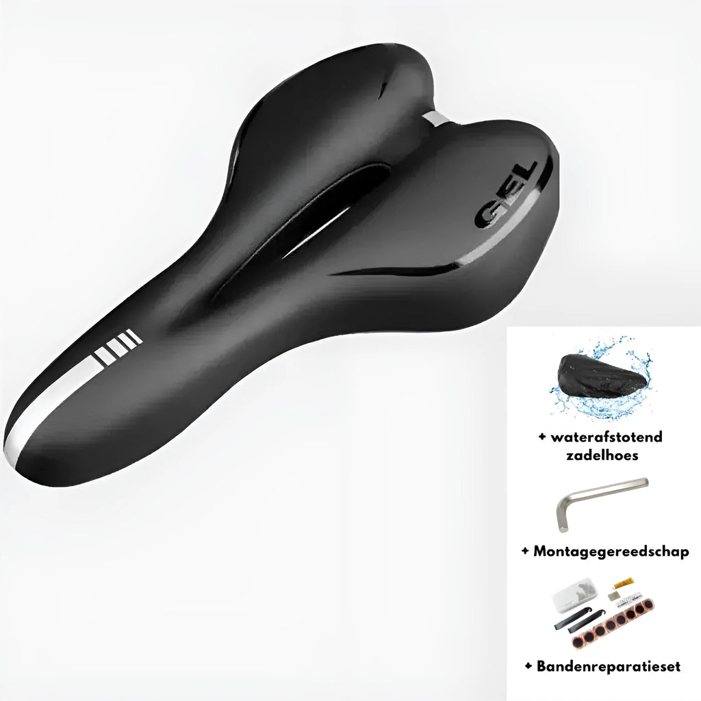 Bicycle cushion saddle with silicone padding and waterproof cover alongside wrench and tire patch accessories