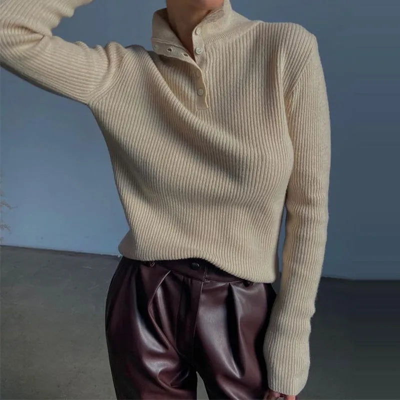 Silver gray and rice apricot retro half turtleneck pullover sweater with single-breasted placket and slim fit