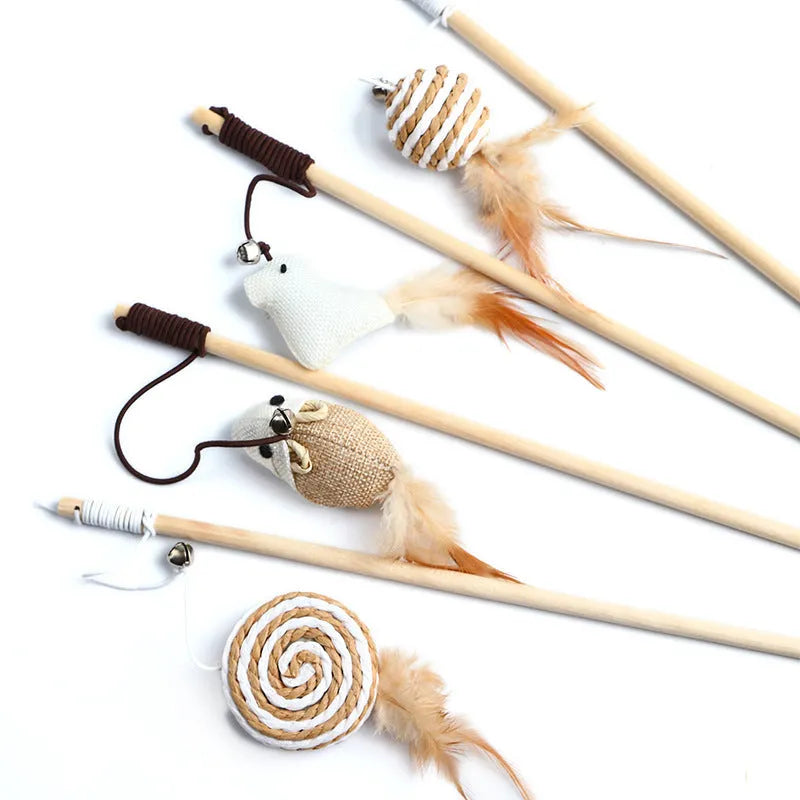 Cat teaser wand toy with wooden pole, cotton string and bell in single-opp style options