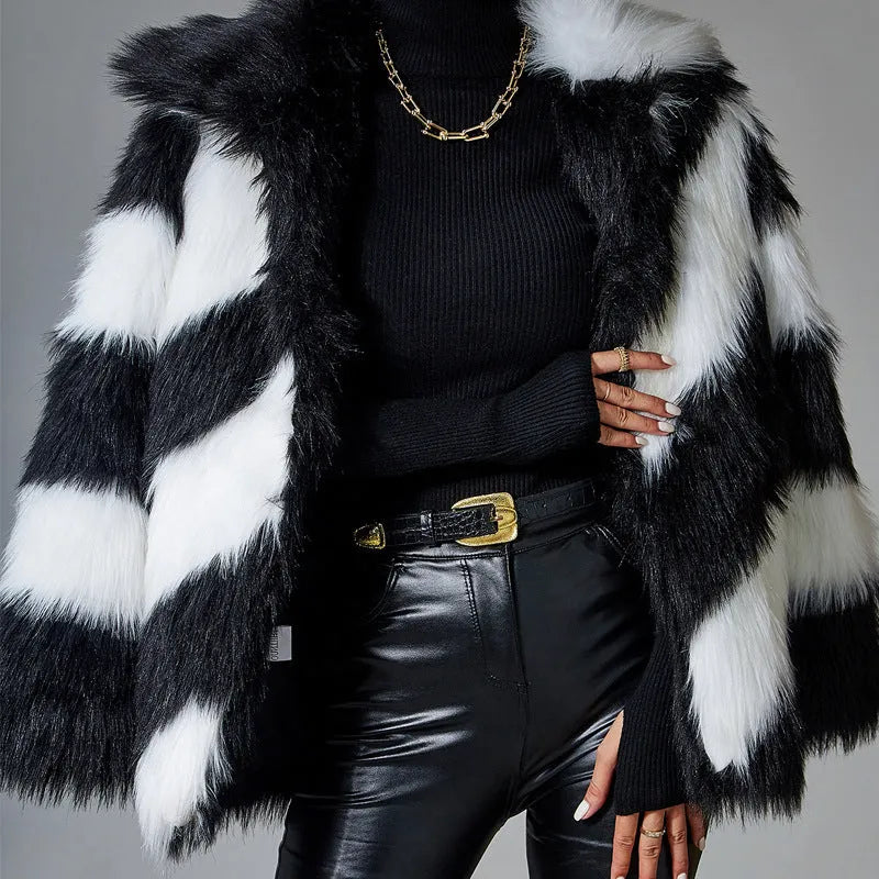 Women's faux fur coat with lapel contrast colour and fur collar in normal 50cm length