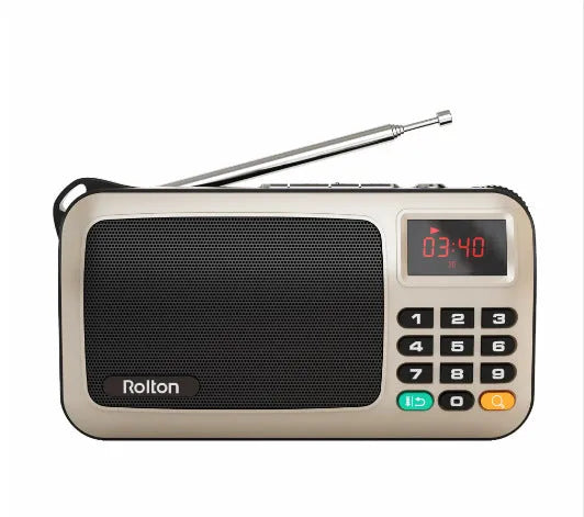 Golden Rolton W405 portable FM radio and MP3 speaker with LED display showing dimensions