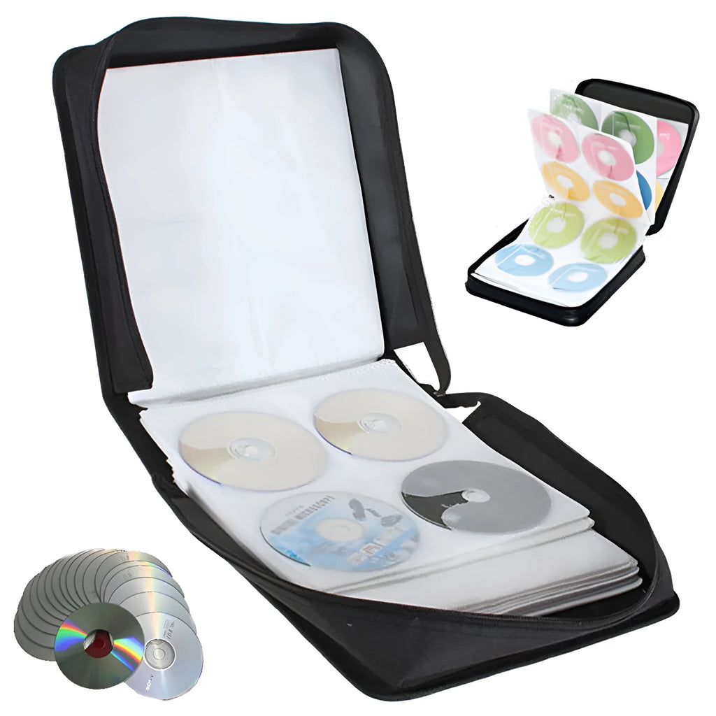 Black Oxford fabric CD storage binder with zipper and a top carry strap