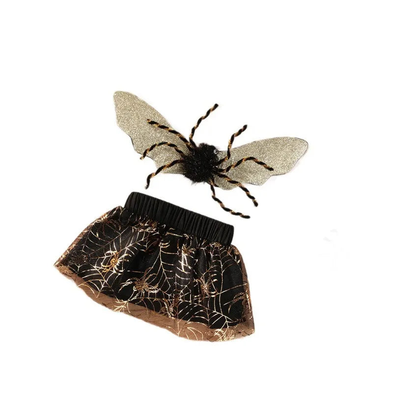 Halloween dog costume suit in polyester fabric shown on a pet, available in sizes S, M, L, and XL