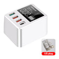 White 4-port USB travel charger with LED display showing UK plug