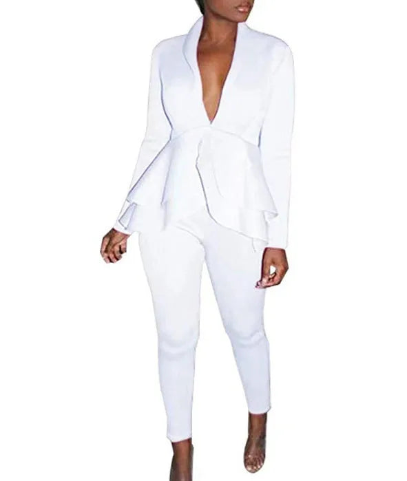 Women's ruffled air layer business casual top and pencil pants set in multiple colours