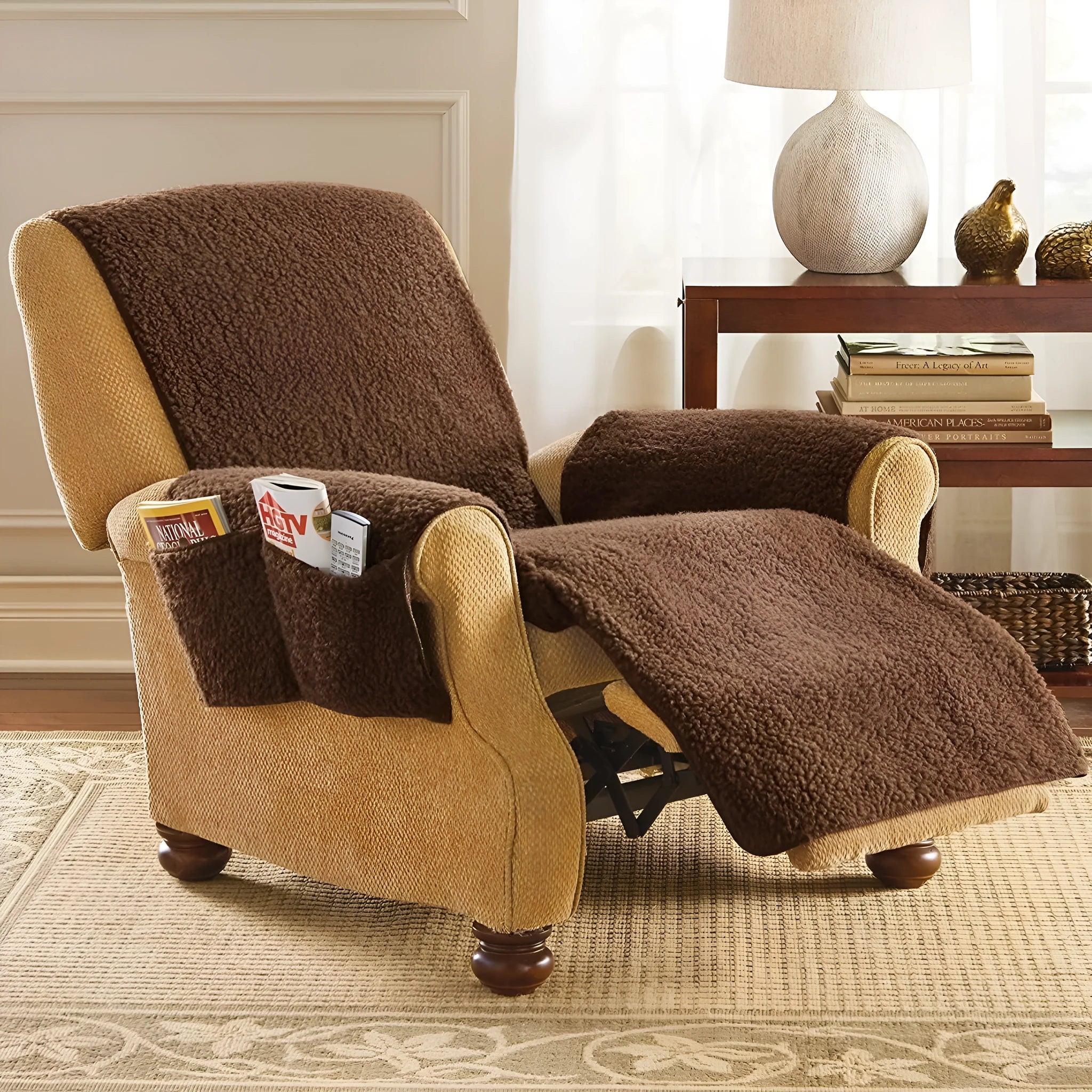 Polyester sofa slipcover in lamb wool beige colour on a sofa cushion