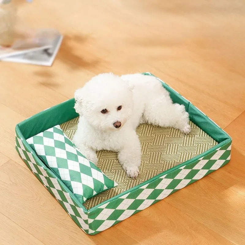 Blue rattan cat mat with anti-slip base shown in L 70x50cm size on wooden floor