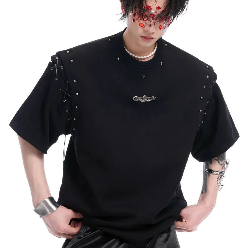 Women's black short sleeve T-shirt with a lace-up cutout detail on the front.
