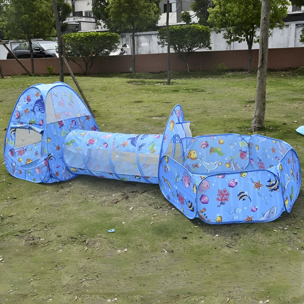 Colourful three-in-one children's play tent with ball pool and crawl tunnel in a marine cartoon theme.