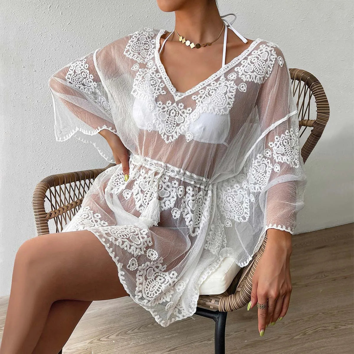 White polyester beach blouse with free size adult fit for swimming and sun protection