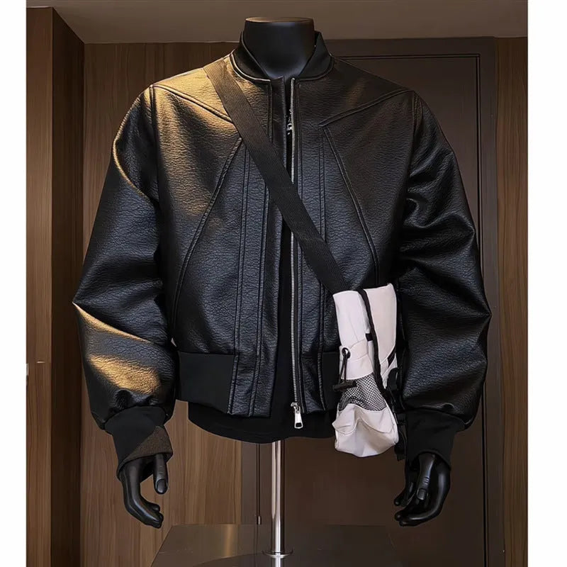 Men's extended length black PU leather jacket with a tight-fitting business casual style