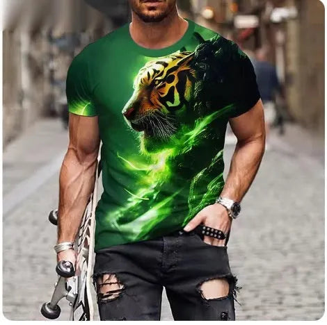 Men's black T-shirt featuring a fierce lion face with 3D printed graphic design.