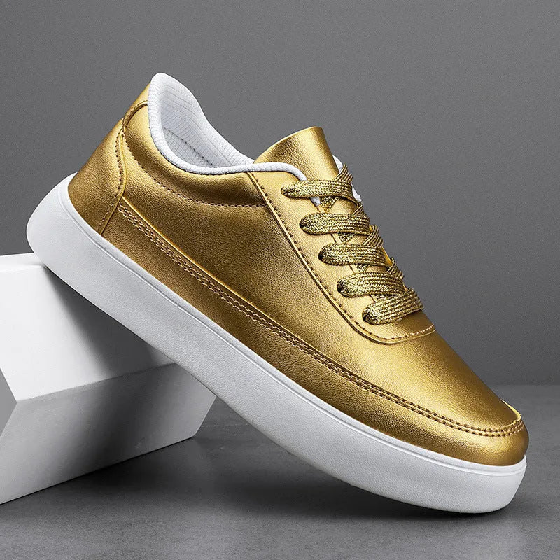 Women's leather lace-up casual flat shoes in gold, silver, and white colour options