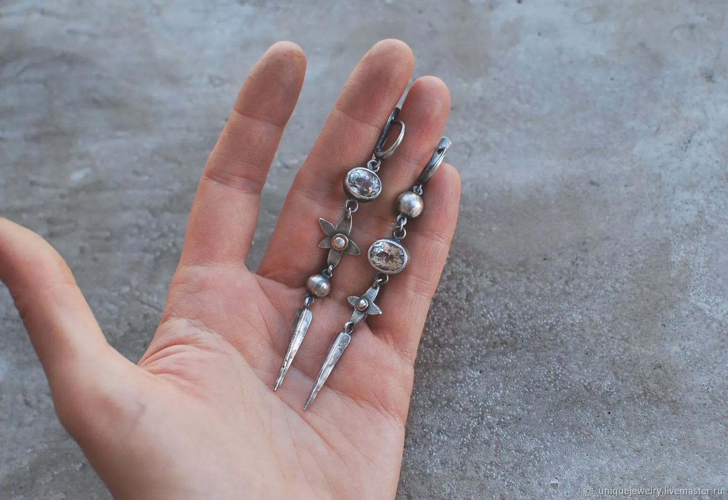 Geometric antique silver long pendant earrings with XINGX design and rhinestone details