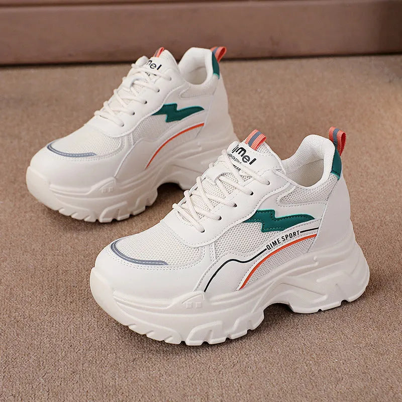 Women's white height increasing sports shoes with cross shoulder straps and rubber sole