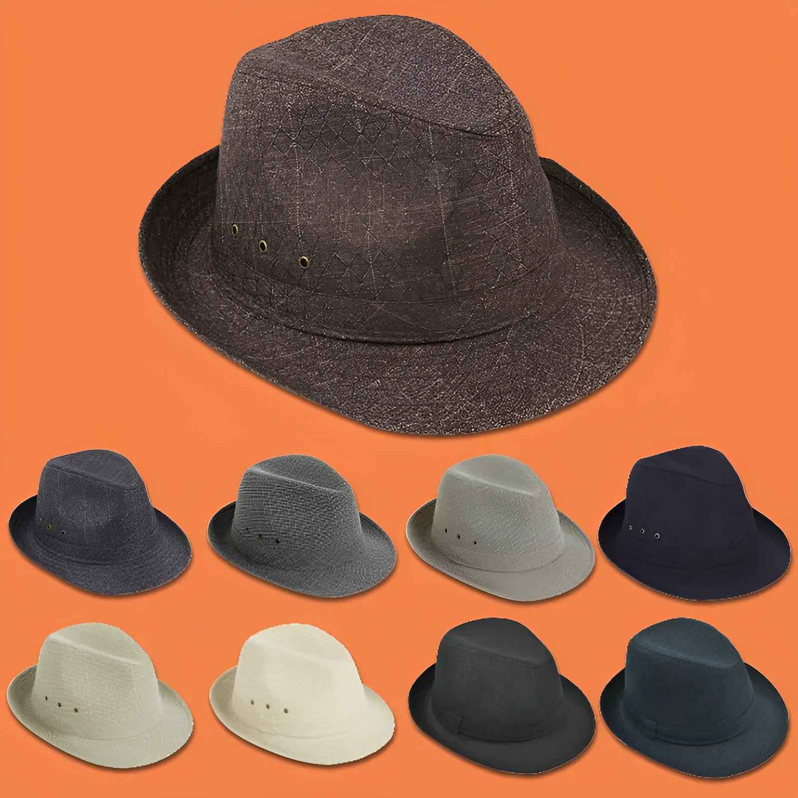 Classic wool felt fedora trilby hat for men on a stand, shown in navy blue.