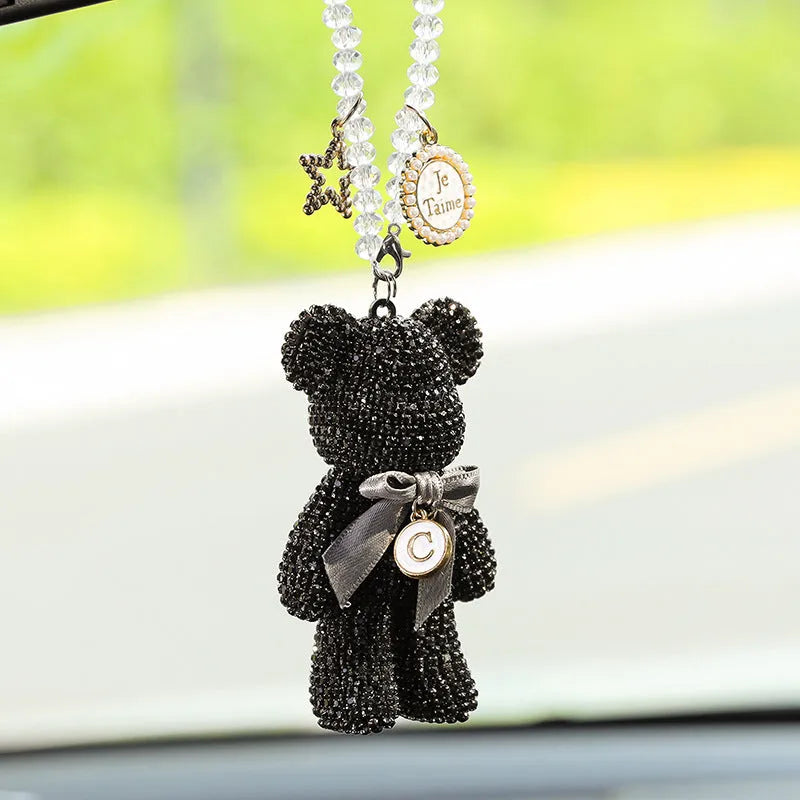 Diamond-embedded violent bear car rearview mirror pendant measuring 5x9cm in crystal rhinestones