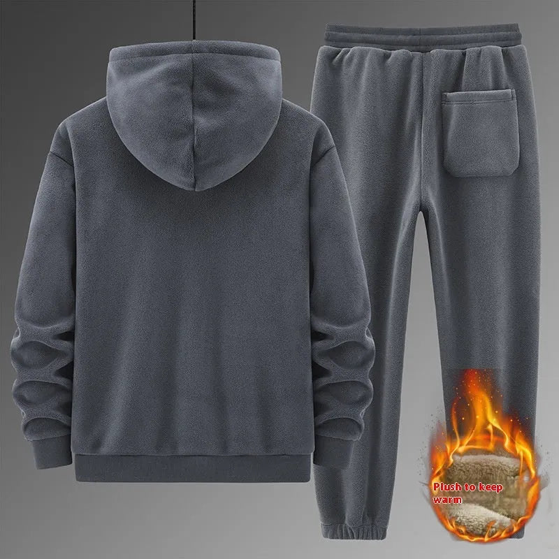 Grey cashmere hooded sports suit with cotton pants laid flat.