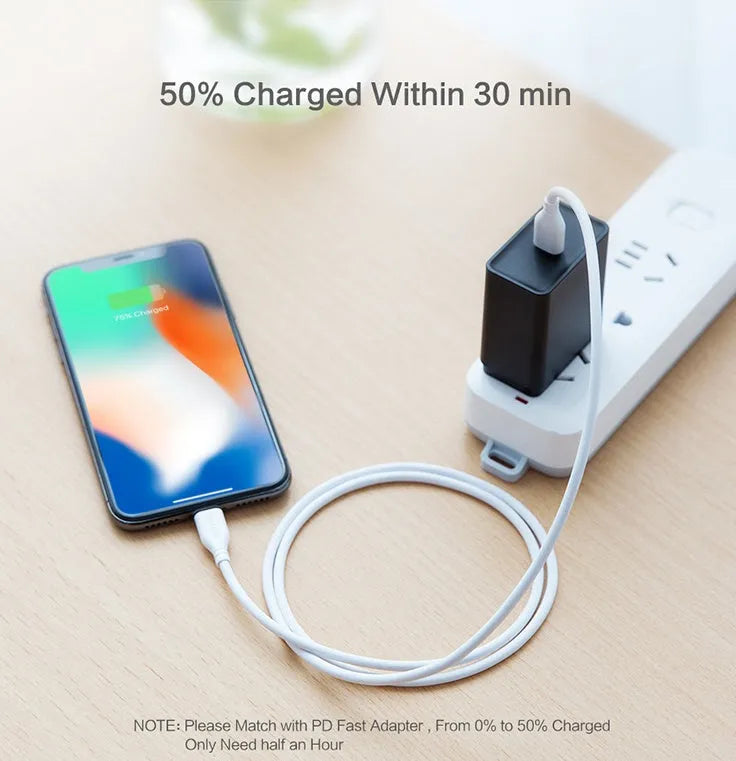 White braided USB-C to Lightning charging cable, 1.8 metres long, coiled on a surface.