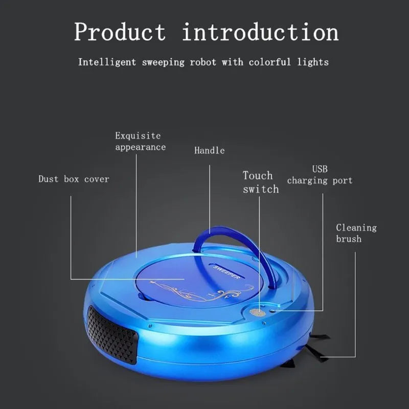 Blue round robot vacuum cleaner on a wooden floor next to its charging cable.
