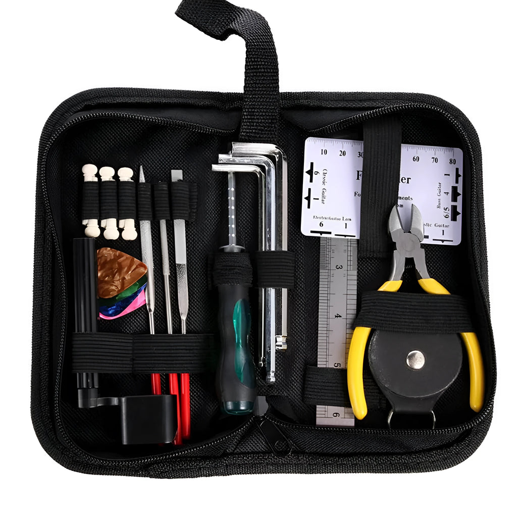 Black rectangular guitar repair tool kit case with tools for guitar, bass, mandolin, and banjo maintenance.