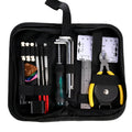 Black rectangular guitar repair tool kit case with tools for guitar, bass, mandolin, and banjo maintenance.
