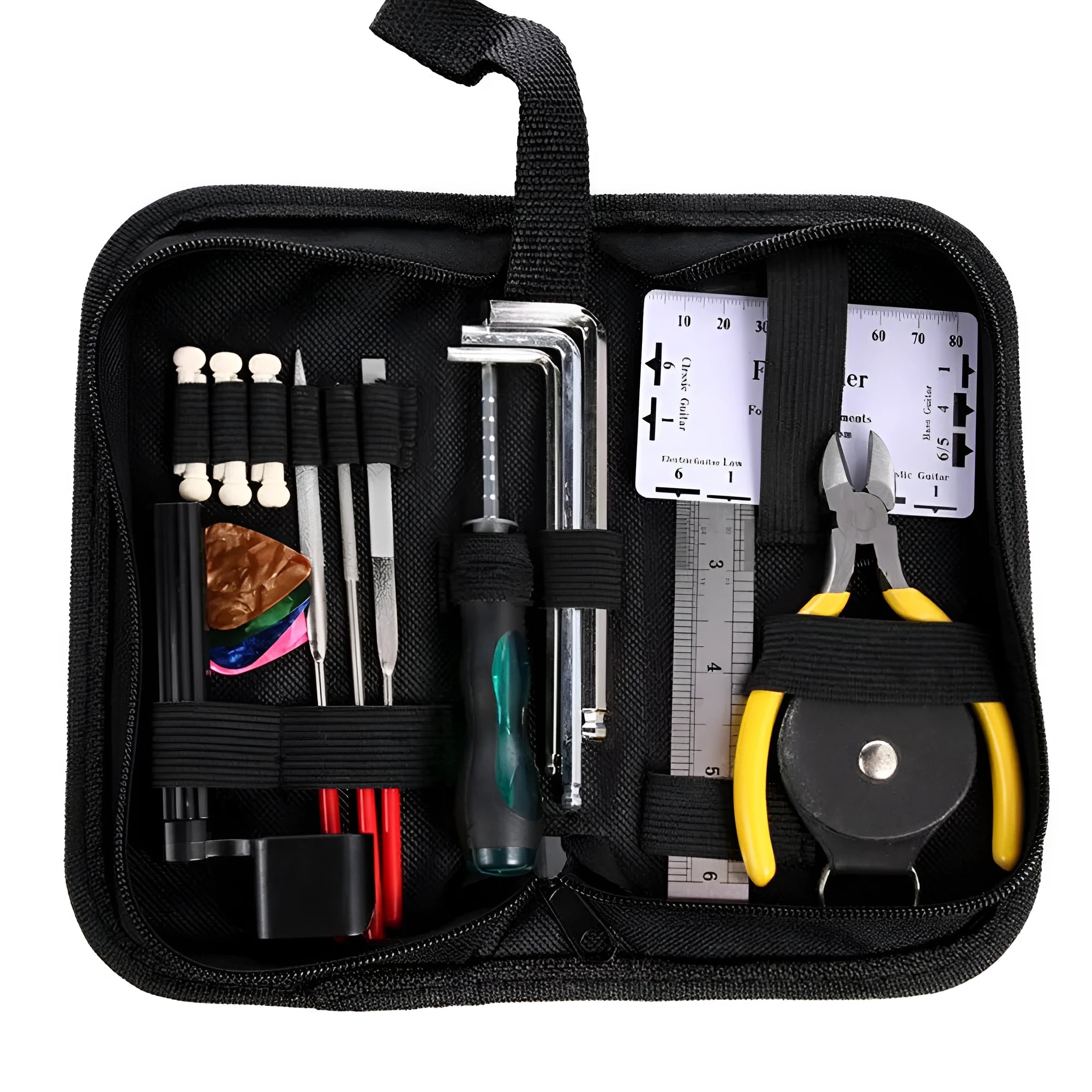Black rectangular guitar repair tool kit case with tools for guitar, bass, mandolin, and banjo maintenance.