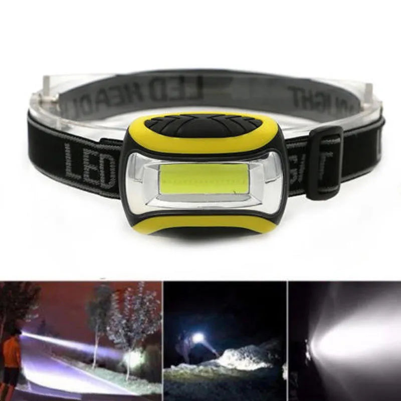 Yellow plastic headlamp with COB light source and adjustable headband