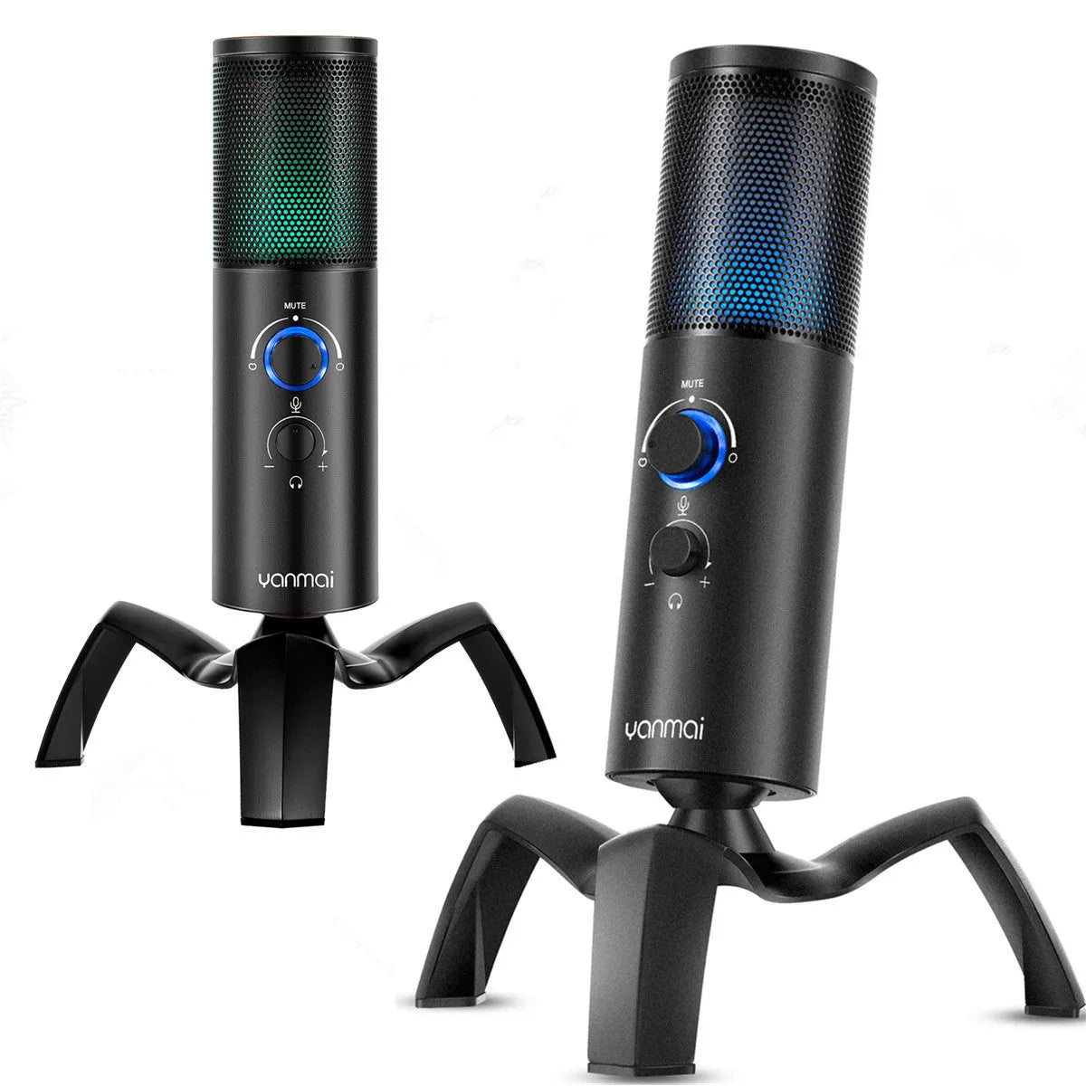 Black Q18 directional condenser microphone with RGB lighting on adjustable tripod