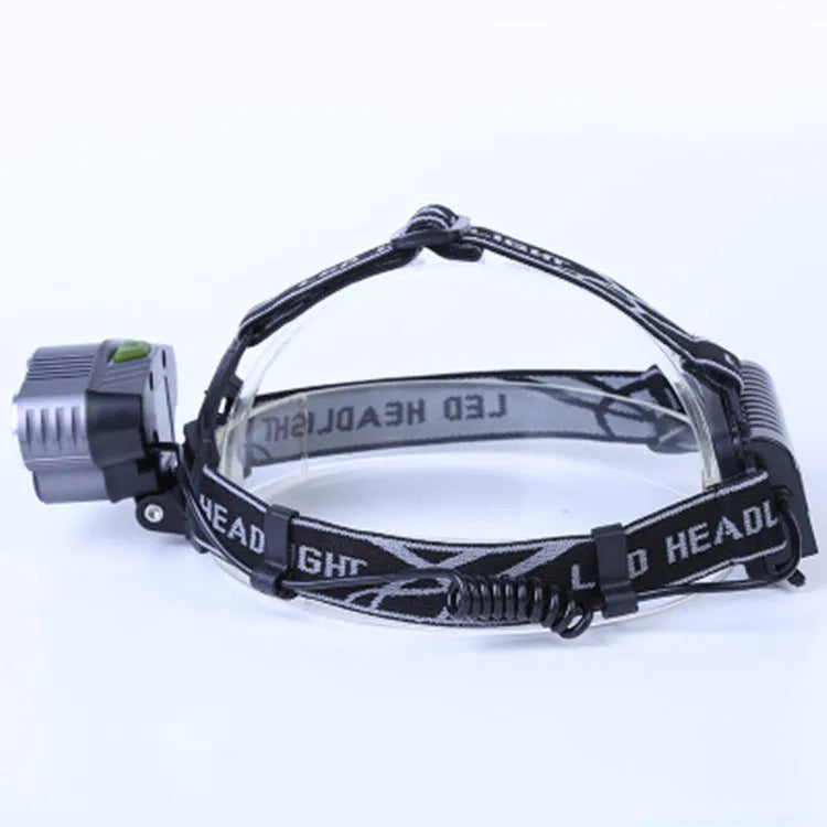 Outdoor head-mounted LED torch with adjustable strap, shown with strong beam illumination.