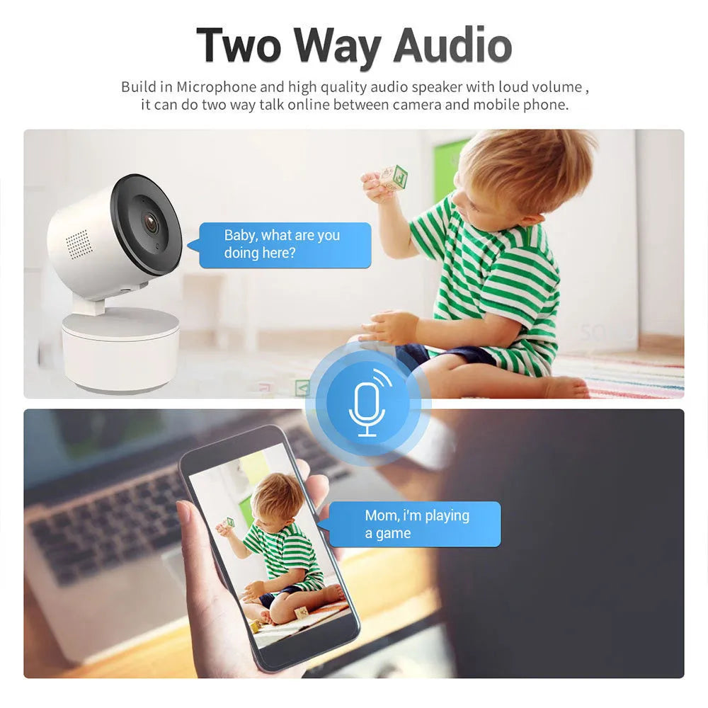Indoor smart Wi-Fi security camera with 1080p resolution and pan-tilt-zoom mount on a white background.