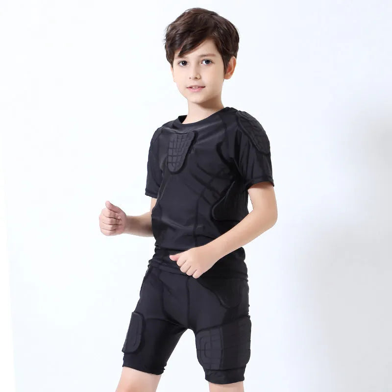 Children's anti-collision basketball bodysuit and cycling clothing set in black, pink, purple, and yellow, sizes YS to YXL.