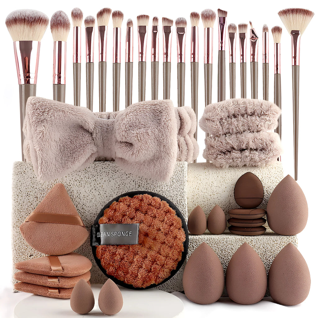 Beauty tool set with hydrophilic non-latex materials in brown, pink, and purple colours showing multiple specification options